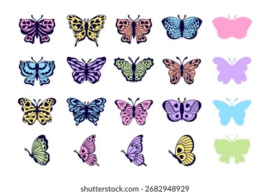 Conjunto de varias mariposas lindas en diferentes colores y estilos sobre fondo blanco.
