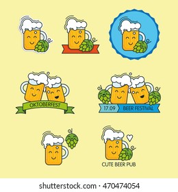Set of various cute cartoon beer mugs. Smiling characters. With ribbon, cone hop decorations. For logos, banners, print.