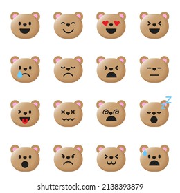 Set of Various Cute Cartoon Brown Bear Teddy Pet Animal Face Emoji Emotion 3D Flat Isolated Sign Symbol