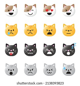 Set of Various Cute Cartoon Cat Kitten Kitty Meow Maew Pet Animal Face Emoji Emotion 3D Flat Isolated Sign Symbol