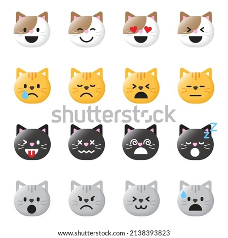 Set of Various Cute Cartoon Cat Kitten Kitty Meow Maew Pet Animal Face Emoji Emotion 3D Flat Isolated Sign Symbol