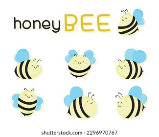 Set Various Cute Cartoon Characters of Bees and Honey Bee Text. Flat Vector llustration.