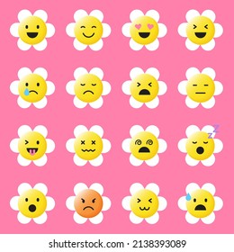 Set of Various Cute Cartoon Daisy Flower Face Emoji Emotion 3D Flat Isolated Sign Symbol