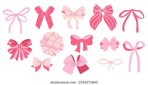 Set of various cute Cartoon ribbon bows accessories. Trendy bows, gift ribbons, elements for holiday packaging and design, girly pink bows. Cute trendy hand-drawn stickers set in coquette style