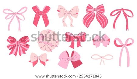 Set of various cute Cartoon ribbon bows accessories. Trendy bows, gift ribbons, elements for holiday packaging and design, girly pink bows. Cute trendy hand-drawn stickers set in coquette style