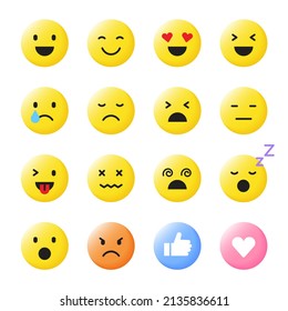 Set of Various Cute Cartoon Yellow Face Emoji Emotion Emoticon 3D Flat Isolated Sign Symbol