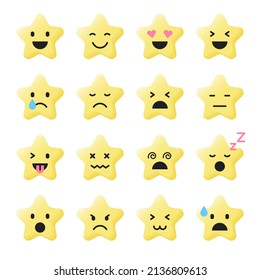 Set Of Various Cute Cartoon Yellow Star Face Emoji Emotion Emoticon 3D Flat Isolated Sign Symbol