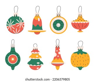 Set of various cute christmas ornaments. Colorful glass bulbs for new year decorations. Baubles and ornaments set. Xmas holiday toy and decor. Figure for fir-tree. Minimalistic flat hand-drawn 