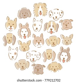 set of various cute dog faces. hand drawn illustration.