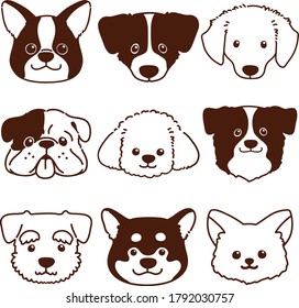 Set of various cute dog heads with outlines only