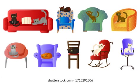 Set of various cute domestic cats resting in different poses on soft sofas and armchairs. Vector illustration in flat cartoon style