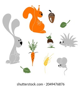 Set of various cute forest animals with decor.