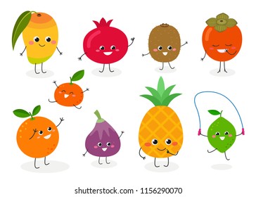 Set of various cute happy tropical fruits. Vector flat illustration isolated on white background 