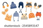 Set of various cute hats, mittens, gloves for girls and boys for cold weather. Funny hats for kids. Knitted hats on winter season on white background. Vector illustration, flat style.