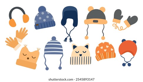 Set of various cute hats, mittens, gloves for girls and boys for cold weather. Funny hats for kids. Knitted hats on winter season on white background. Vector illustration, flat style.