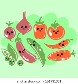 Set of various cute kawaii vegetables with faces