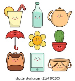 Set of various cute object element for kids, glasses, umbrella, bag, flower in cartoon style, vector illustration