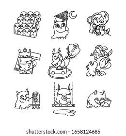 Set of various cute owls in line style. Print for poster, t-shirt, logo, stiker, textile or bags. Vector illustration