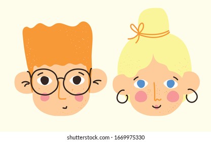 Set of various cute people, faces and heads. Avatar icons in the flat style. 