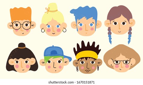 Set of various cute people, faces and heads. Hand drawn cartoon avatar icons in the flat style.