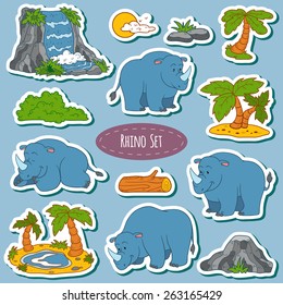 Set of various cute rhino, vector stickers of animals and items of nature