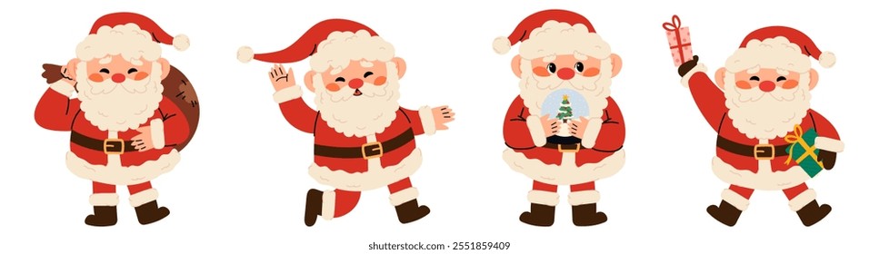 Set of various Cute  Santa Claus illustration in children's style on New Year's theme. Santa Clauses in different poses, waving his hand, with presents. Flat vector illustration isolated on white 