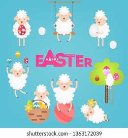 Set of Various Cute Sheeps and Eggs for Easter Day on Blue Background. Vector Illustration.