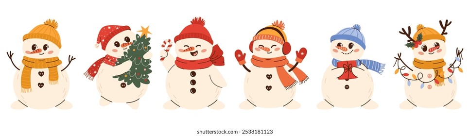 Set of various Cute snowman illustration in children's style on New Year's theme. Snowman in a hat, mittens scarf and headphones.  Flat vector illustration isolated on white background