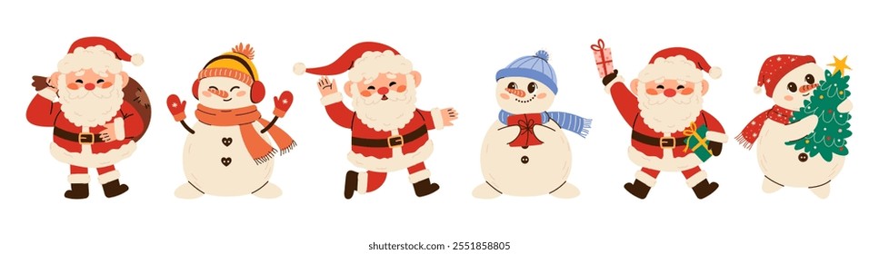 Conjunto de varios muñecos de nieve lindos y Santa Claus ilustración en estilo infantil en el tema del año Nuevo. Muñeco de nieve en un sombrero, guantes, bufanda y auriculares. Linda Santa Claus en diferentes poses. Vector plano 