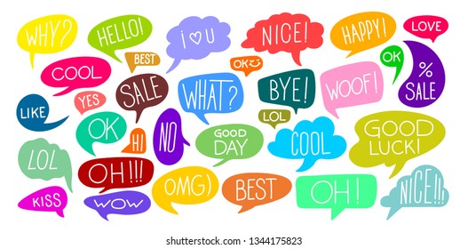 Set of Various Cute Speech Bubble Doodle Stickers With Multiple Colors. Colorful Comic Speech Bubble And Dialogue. Vector Illustration. Isolated On White Background.