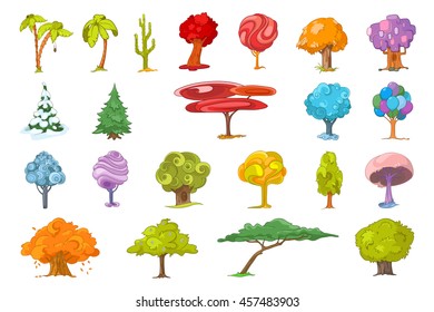 Set of various cute trees. Collection of colourful fantasy trees. Palm trees, mexican tall cactus, autumn trees, fir-trees, colourful fairy trees. Vector illustration isolated on white background.