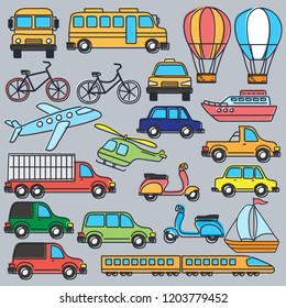 Reihe verschiedener niedlicher Fahrzeugsymbole, Land, See, Flugschule Bus, Bus, Luftballon, Fahrrad, Taxi, Flugzeug, Hubschrauber, Auto, Schiff, huh, Container, Vespa, Roller,
Flagge, Zug  Illustration von Vektorillustrationen