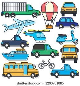 set of various cute vehicle icons, land, sea, air. container, air balloon, car, plane, helicopter, Vespa, scooter, truck, ship, boat, bike, bus, school bus. vector ilustrattion