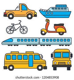 set of various cute vehicle icons, land, sea, air. cars, boats, bicycles, scooters, trains, buses. vector ilustrattion