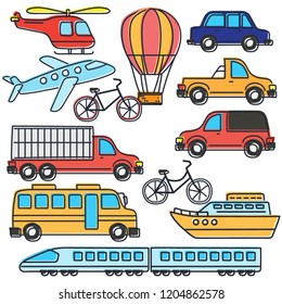 set of various cute vehicle icons, land, sea, air. vector ilustrattion