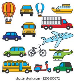 set of various cute vehicle icons, land, sea, air. hot air balloon, taxi, car, boat, ship, bus, truck, airplane, bicycle, helicopter, school bus, scooter, motorbike, vector ilustrattion