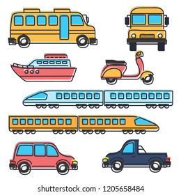 set of various cute vehicle icons, land, sea, air.buses, boats, boats, scooters, motorbikes, two wheels, trains, cars. vector ilustrattion