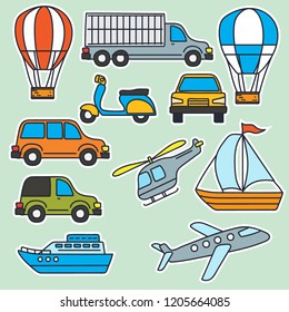 set of various cute vehicle icons, land, sea, air. air balloon, truck, container, scooter, motorcycle, taxi, car, helicopter, ship, boat, plane, flag.vector ilustrattion