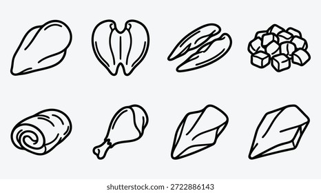 Set of various cuts of raw meat and a pile of ice cubes for food preparation and cooking illustration