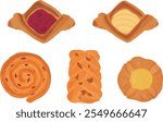 Set of various danish pastry. Hand drawn vector illustration. Cherry, custard, pecan, raisin.