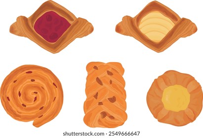 Set of various danish pastry. Hand drawn vector illustration. Cherry, custard, pecan, raisin.