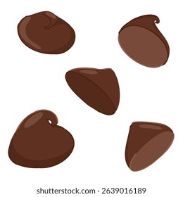 Set of various dark chocolate drops. Vector cartoon dropping chocolate chips. Dessert collection for food design, baking visuals, menu decoration, candy packaging, digital icons