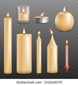 Set of various decorative candles with flame realistic vector illustration isolated on transparent background. Romantic candlelight for christmas and holiday home decor.