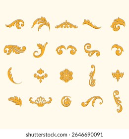 Set of various decorative elements in a gold color.  The elements have intricate patterns, including scrolls, leaves, flowers, and rosettes.  These are suitable for use in design projects