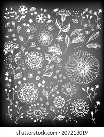 Set of various decorative flowers for design on chalkboard background.