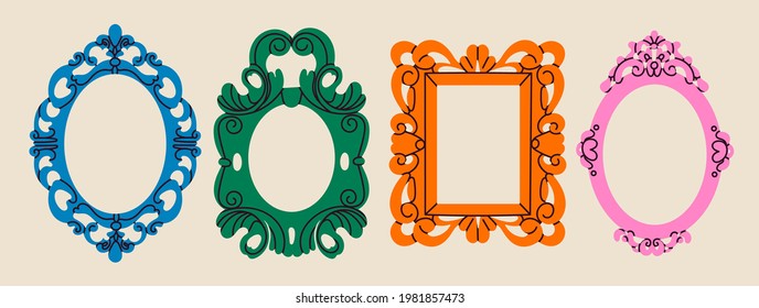 Set of various decorative Frames or borders. Different shapes. Photo or mirror frames. Vintage, retro design. Elegant, modern style. Hand drawn trendy Vector illustration. All elements are isolated