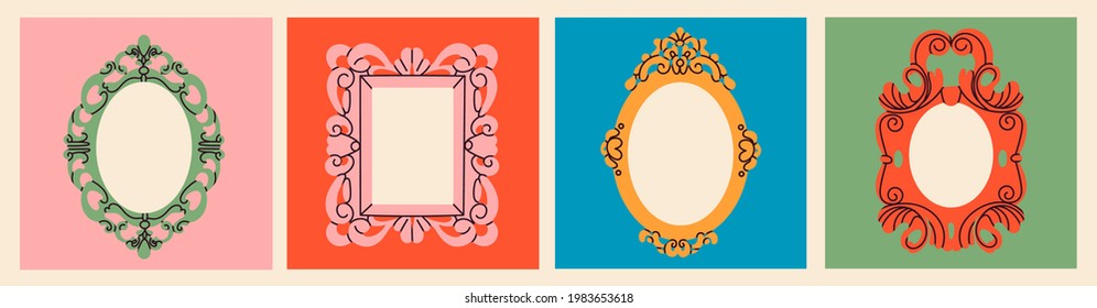 Set of various decorative Frames or borders. Different shapes. Photo or mirror frames. Vintage, retro design. Elegant, modern style. Hand drawn trendy Vector illustration. All elements are isolated - Shutterstock ID 1983653618