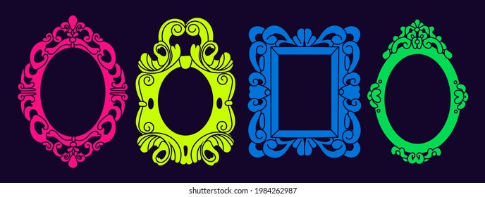 Set of various decorative Frames or borders. Different shapes. Photo or mirror frames. Bright neon colors. Elegant, modern style. Hand drawn trendy Vector illustration. All elements are isolated