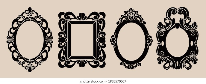 Set of various decorative Frames or borders. Different shapes. Photo or mirror frames. Vintage, retro concept. Elegant, modern style. Hand drawn trendy Vector illustration. All elements are isolated