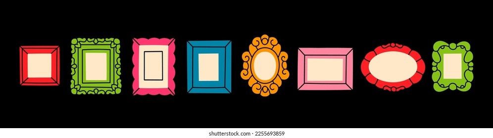 Conjunto de varios marcos decorativos o bordes. Formas diferentes. Marcos fotográficos o espejo. Diseño de época. Elegante, moderno y plano. Dibujo a mano a la moda ilustración Vector. Todos los elementos están aislados